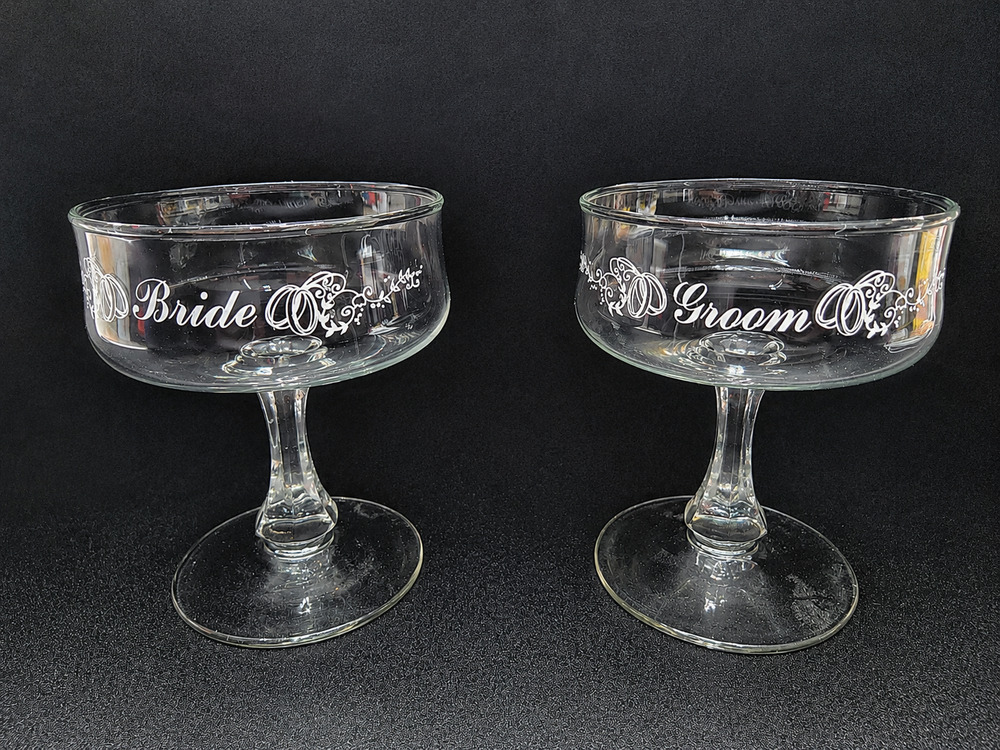 Vintage Bride Groom Champagne Coupe Glasses Mid Century Wedding Toasting Set